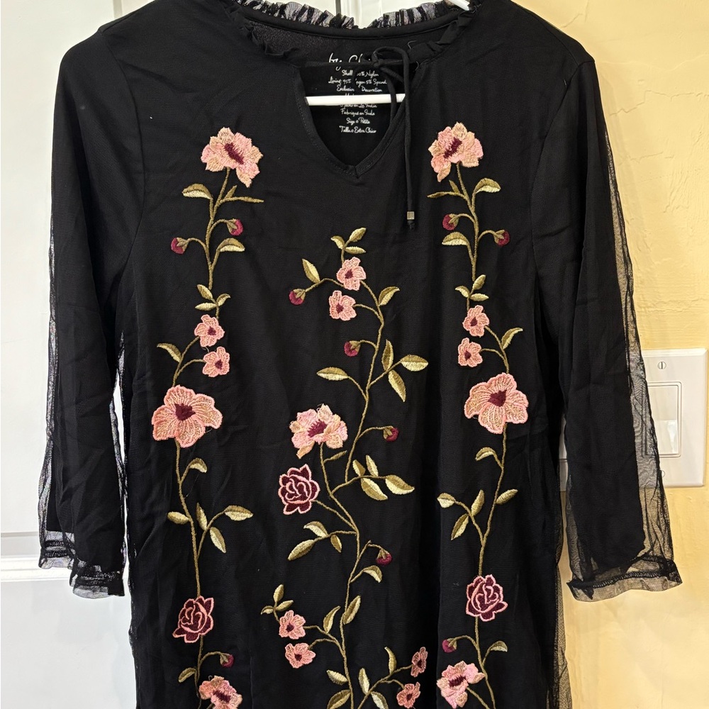 Chico's Black Dress with Pink Floral Embroidery